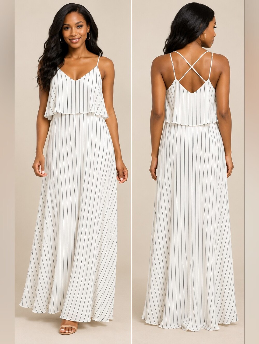 White & Black Pinstripe Maxi Dress with Spaghetti Straps